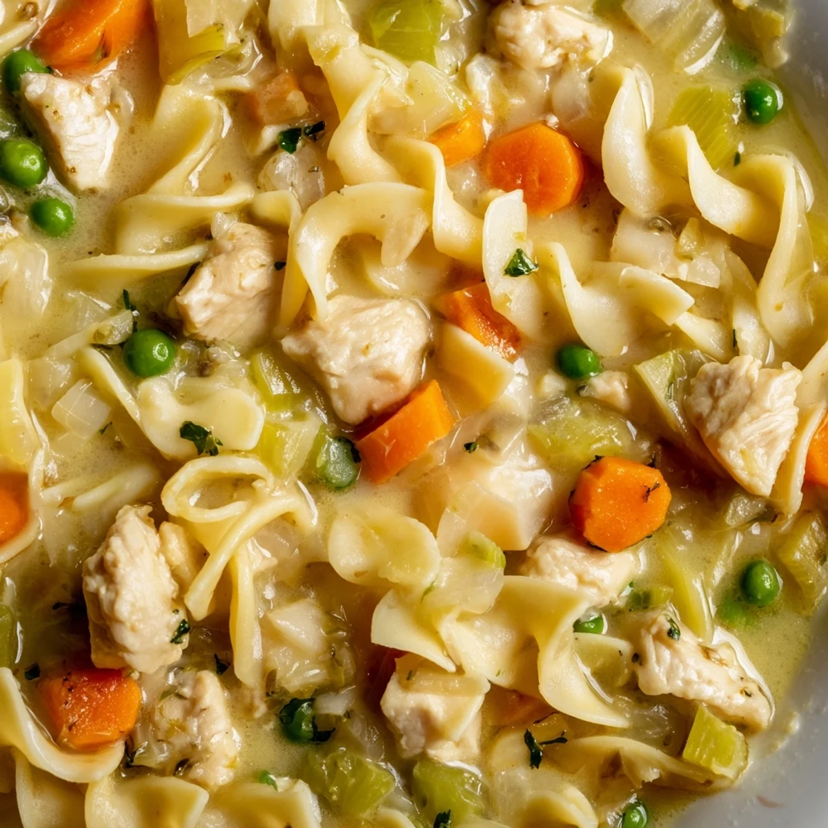 Golden one pot chicken and noodles simmered with tender vegetables in a rich, savory broth.