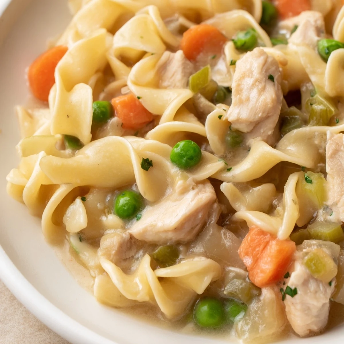 Hearty one pot chicken and noodles served piping hot with colorful carrots, celery, and peas throughout.