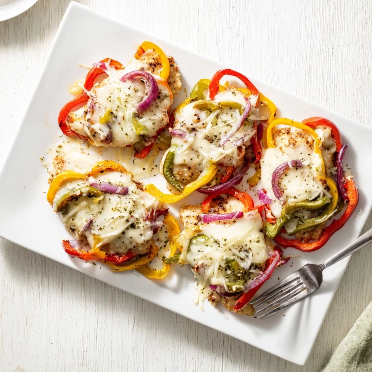 Golden cheesy baked chicken breast nestled among colorful roasted bell peppers and onions