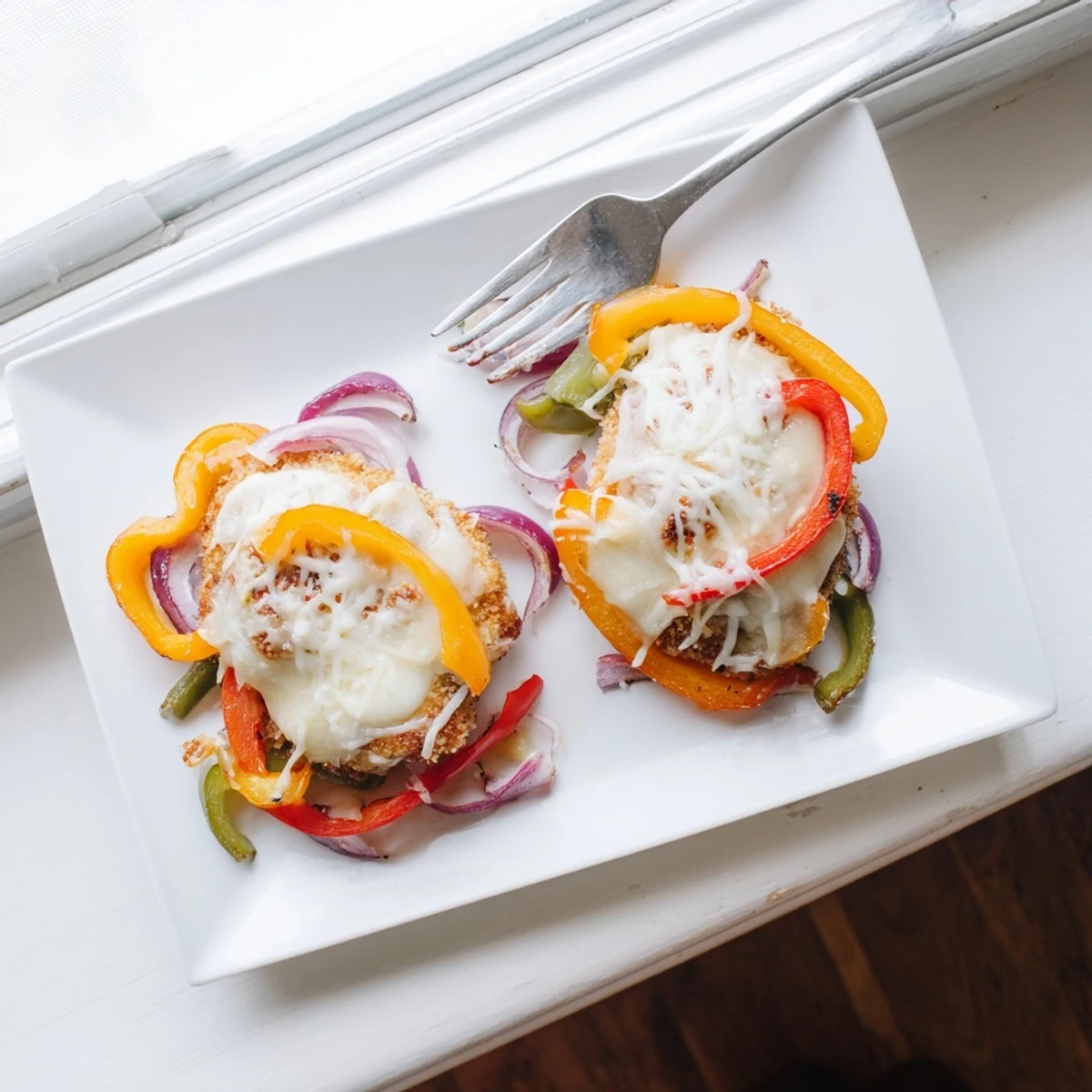 Tender baked chicken breasts topped with bubbling melted mozzarella over vibrant bell pepper medley