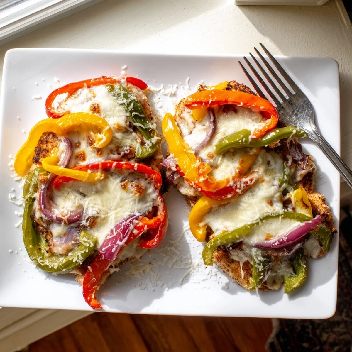 Oven-baked cheesy chicken breast arranged with sliced colorful peppers for a comforting family dinner