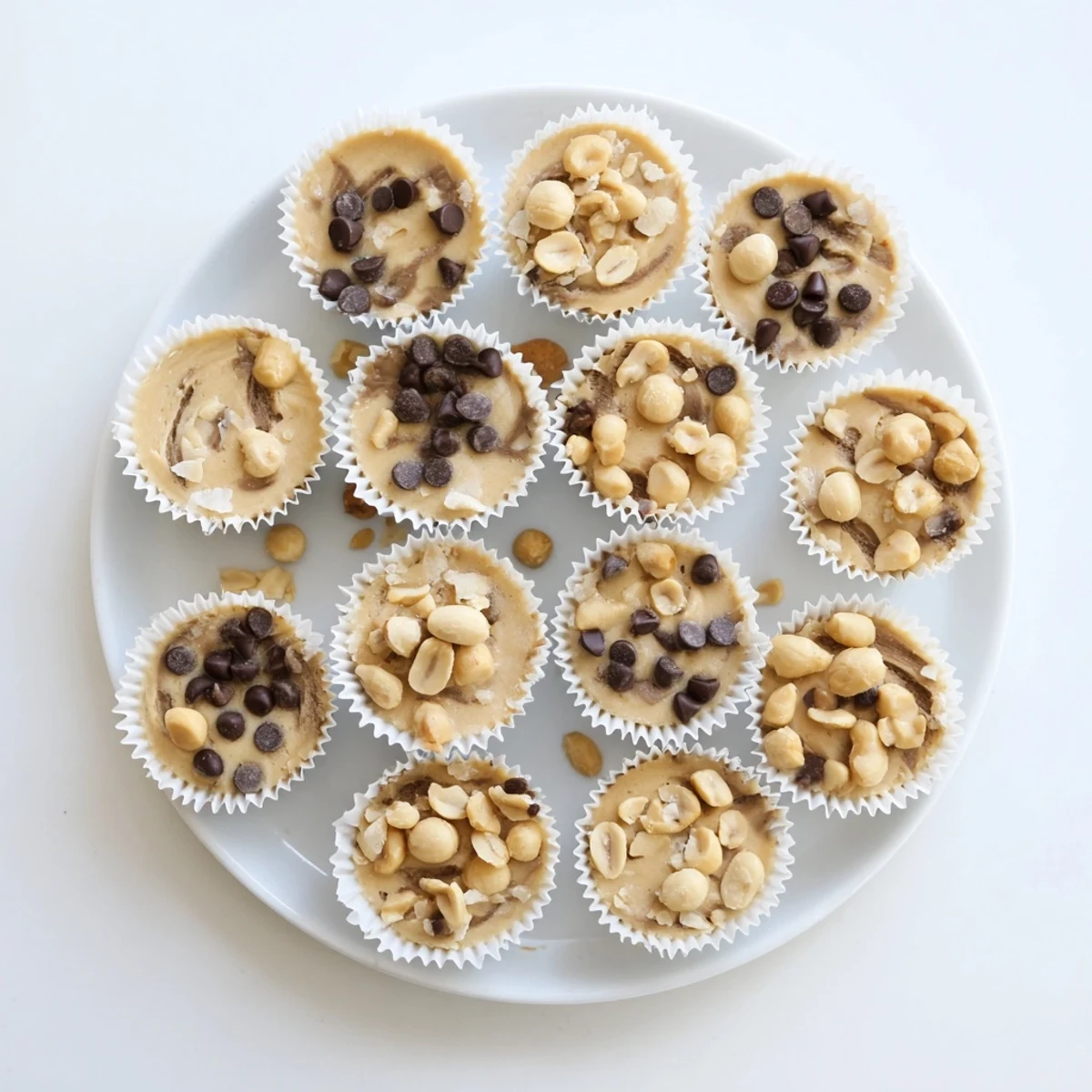 Protein-packed peanut butter Greek yogurt bites arranged on a white plate with coconut flakes and chocolate chip garnish