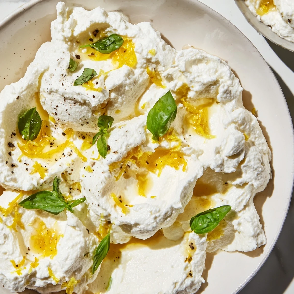 Creamy whipped ricotta spread topped with honey and herbs on wooden board