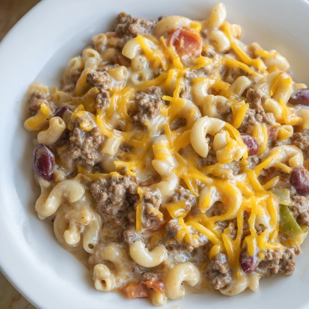 Hearty chili mac and cheese recipe featuring melted cheddar over beef and bean pasta
