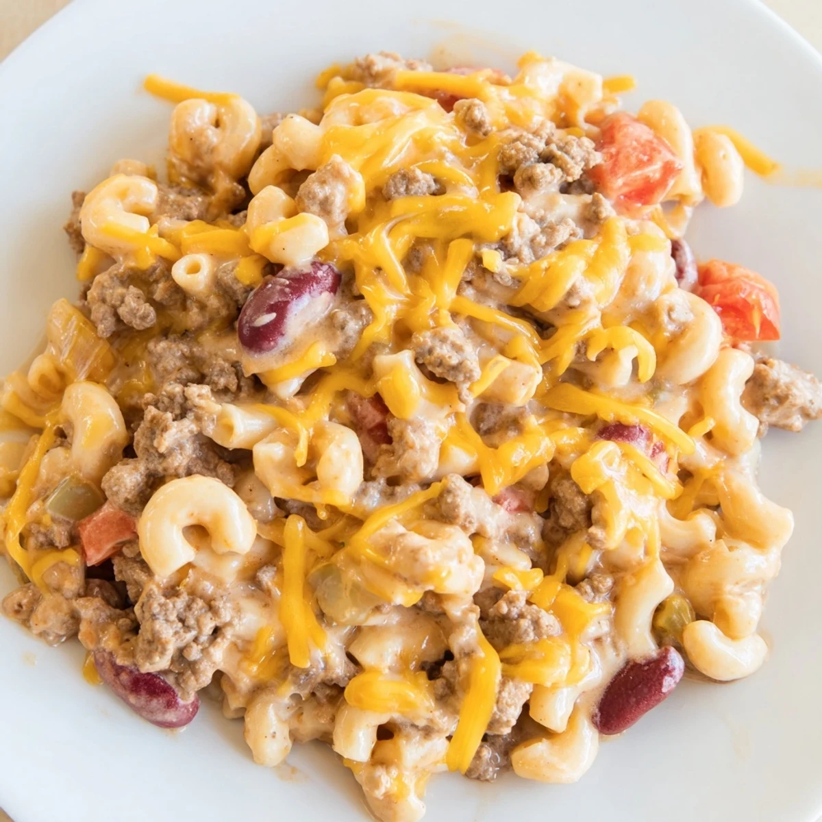 Creamy one-pot chili mac and cheese recipe with ground beef, tomatoes, and kidney beans