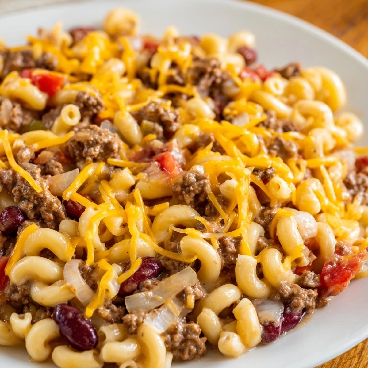Comforting chili mac and cheese recipe bubbling with gooey cheese and seasoned beef