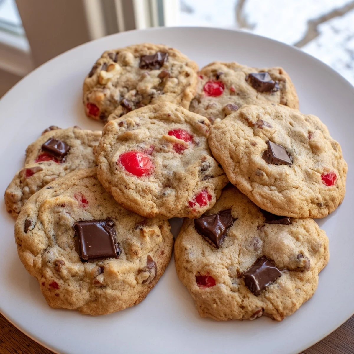 Golden brown maraschino cherry chocolate chip cookies cooling on wire rack with visible cherry pieces