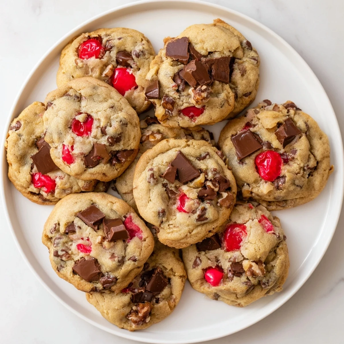 Soft chewy maraschino cherry chocolate chip cookies on wooden board with melted chocolate chips