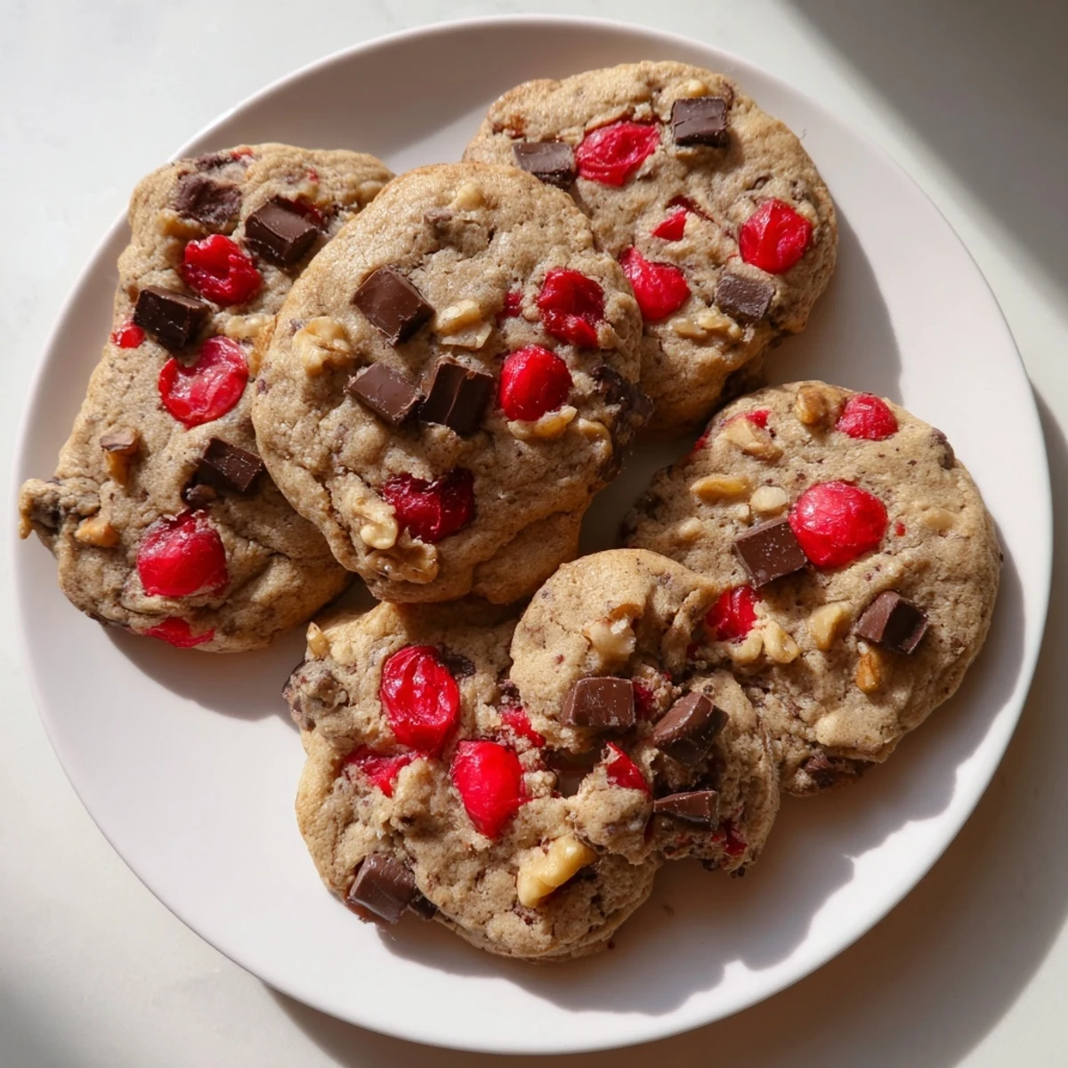 Freshly baked maraschino cherry chocolate chip cookies stacked on white plate with festive red cherries