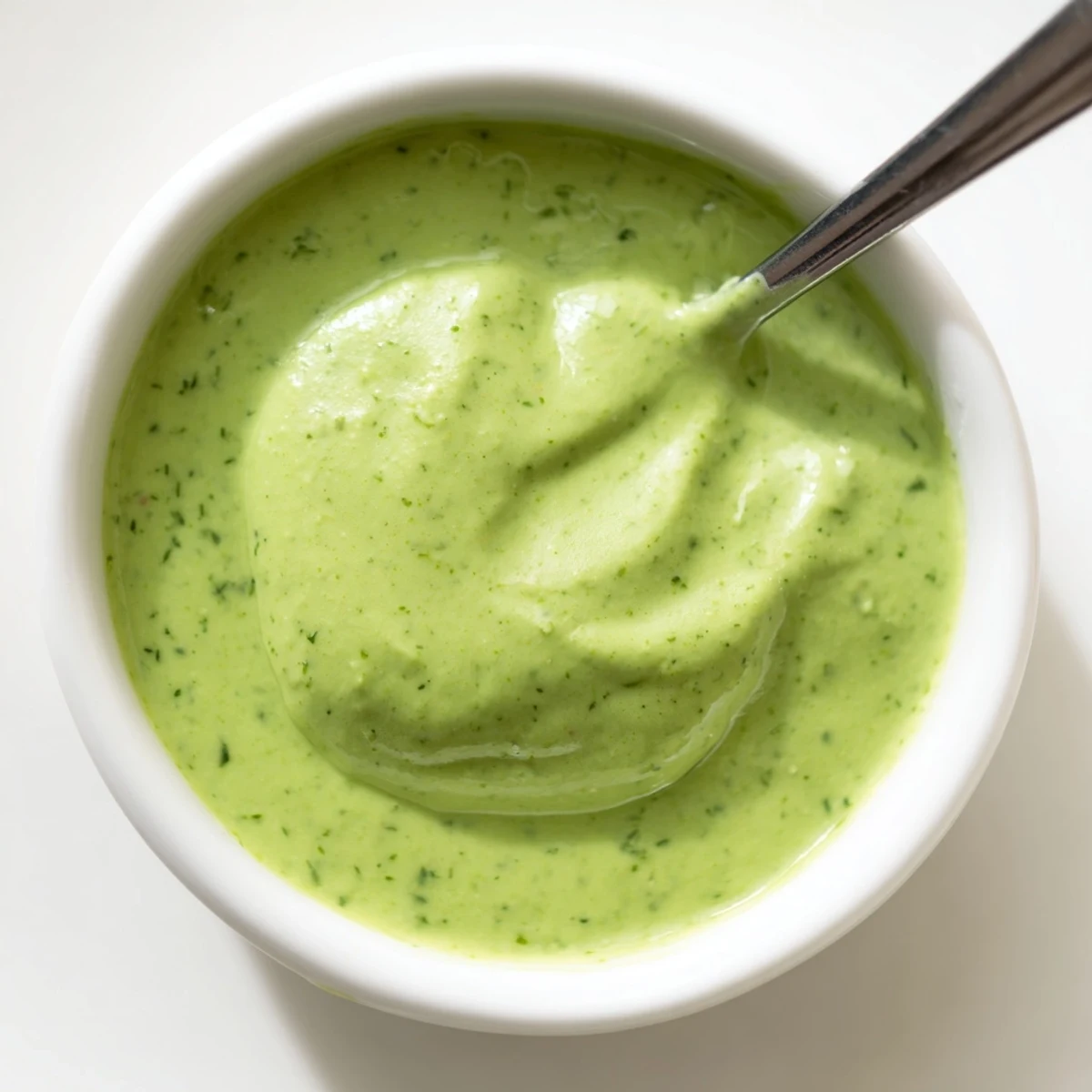 Creamy Peruvian green sauce aji verde drizzled over grilled chicken with fresh cilantro garnish