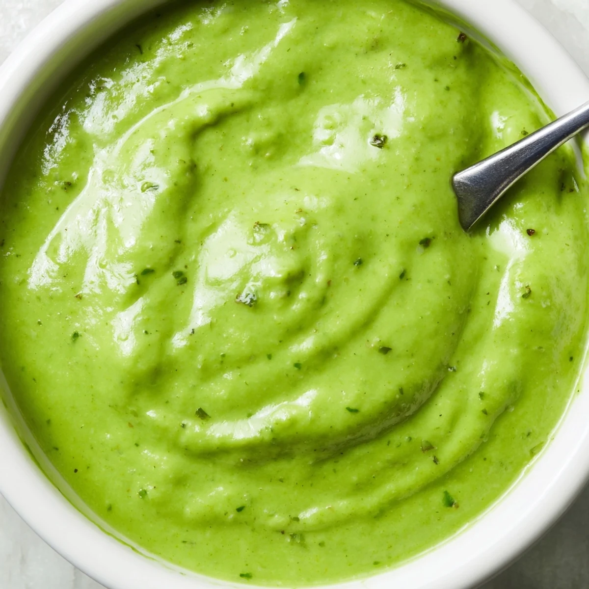 Smooth bright green Peruvian aji verde in small dipping bowl with lime wedge