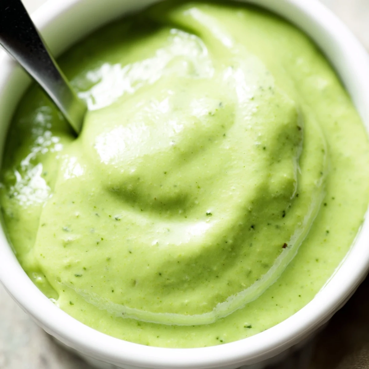 Vibrant bowl of spicy Peruvian aji verde sauce dollopped beside roasted golden potatoes