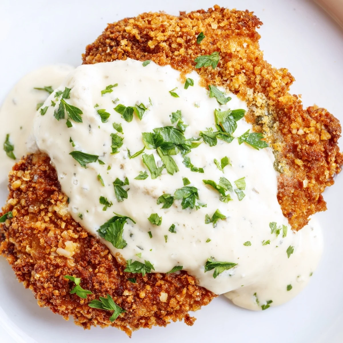 Golden crispy chicken breasts drizzled with velvety Parmesan cream sauce on a white plate