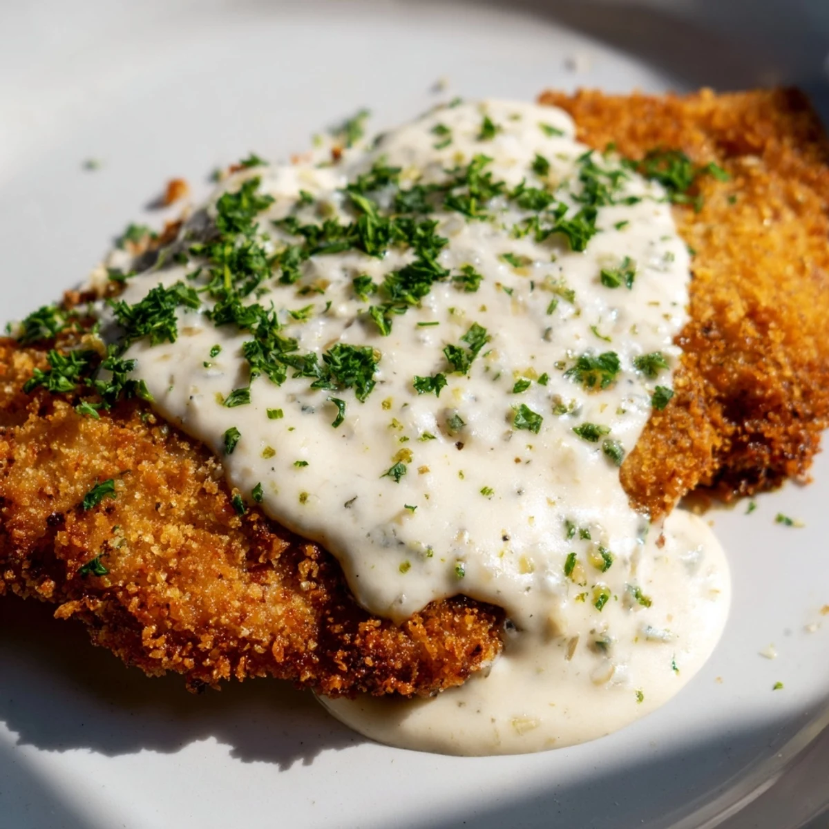 Pan-fried chicken with crunchy panko coating served alongside rich garlic cream sauce