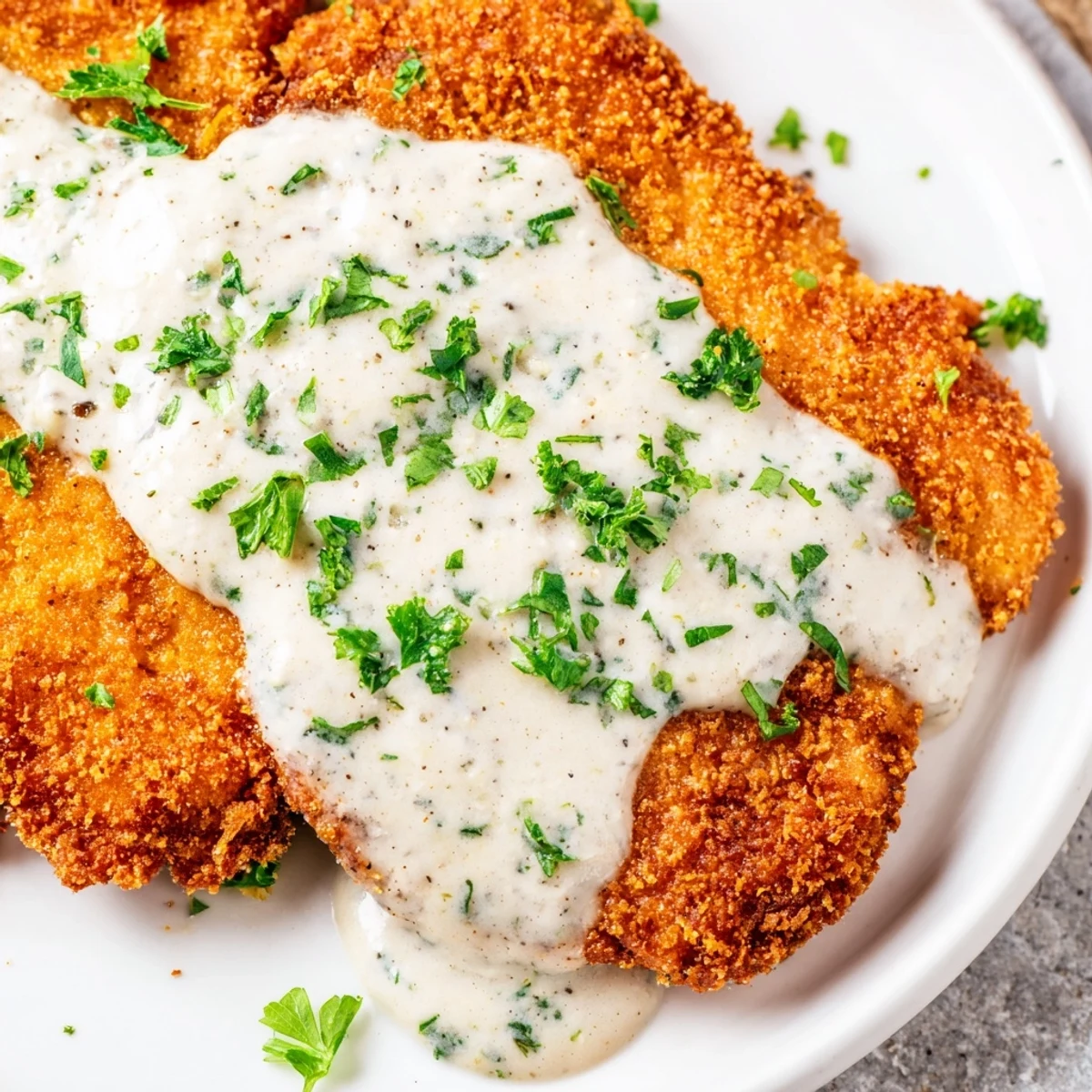 Crispy chicken cutlets topped with smooth white sauce and garnished with fresh parsley