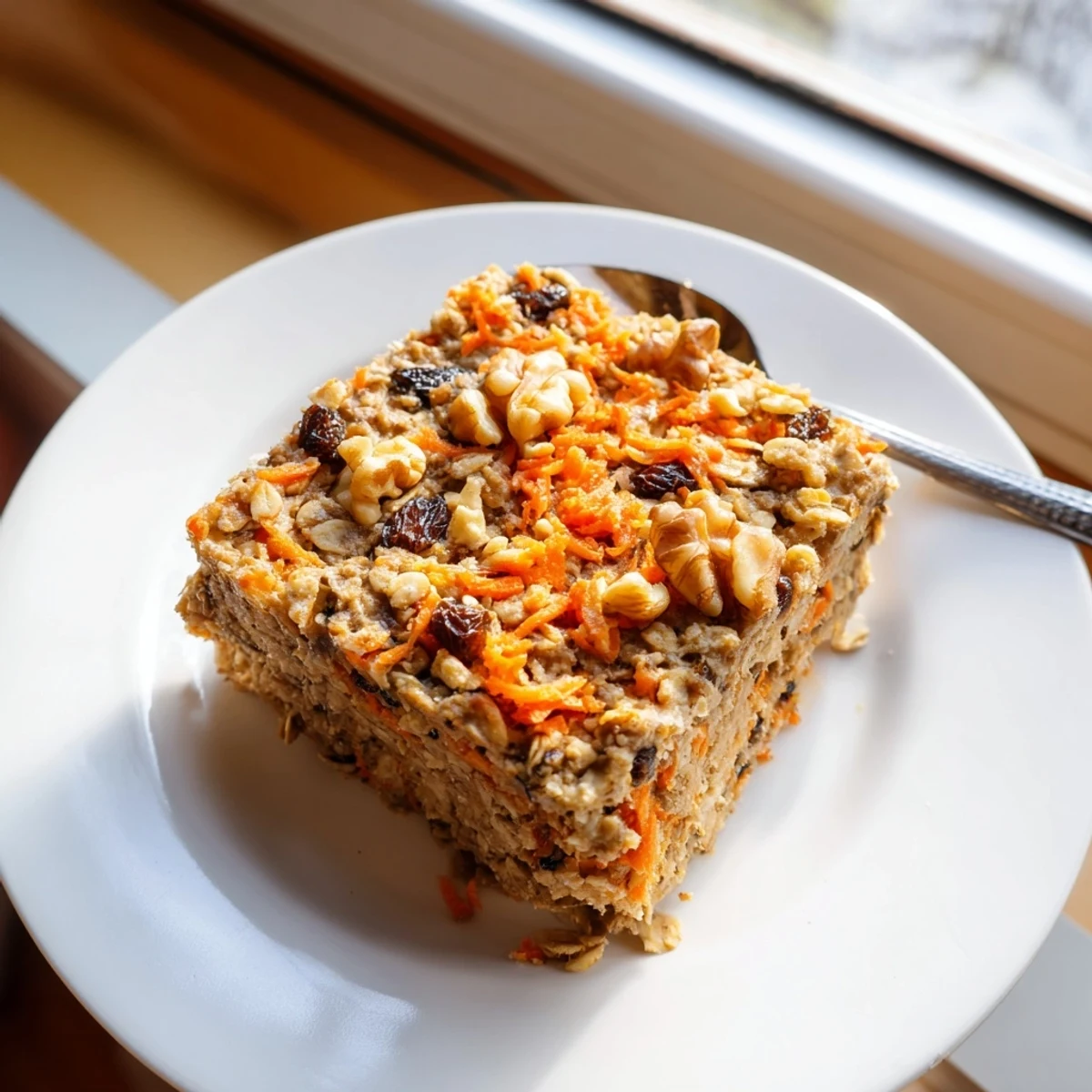 Golden baked carrot cake oatmeal squares topped with walnuts and raisins in a white ceramic dish