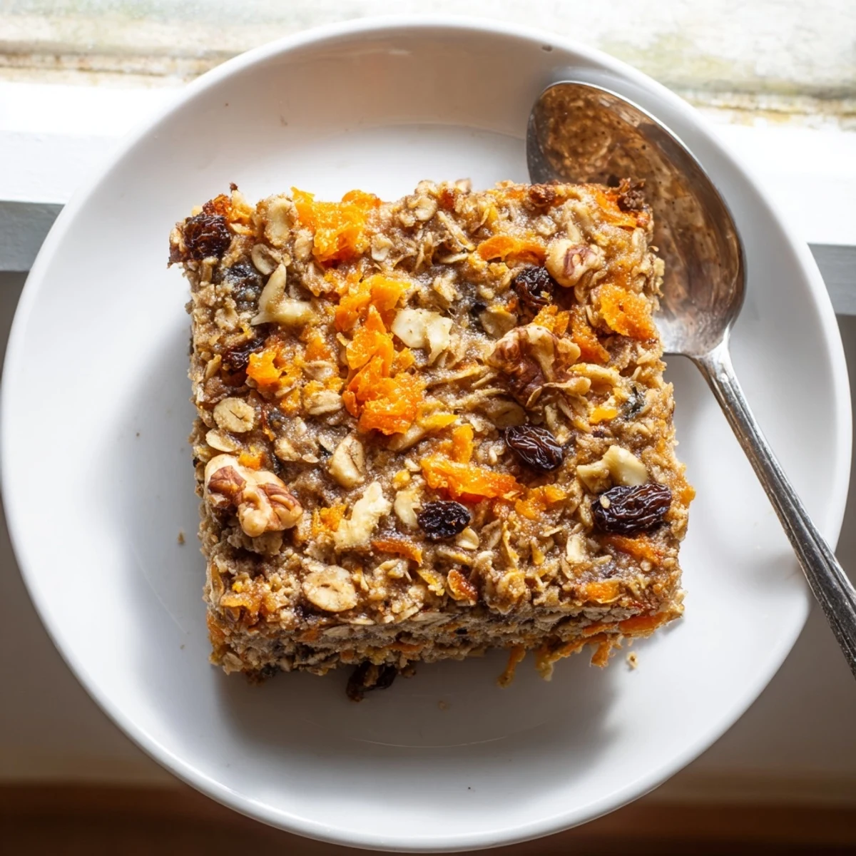 Spoonful of moist carrot cake oatmeal with grated carrots and pecans against dark background