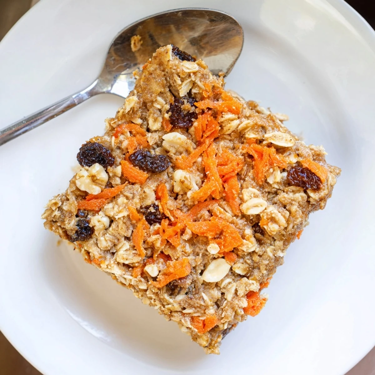 Warm spiced carrot cake baked oatmeal sprinkled with shredded coconut and sweet maple glaze