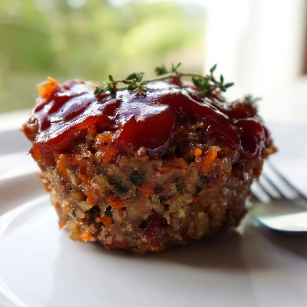 Savory turkey meatloaf muffins in muffin tin, brushed with brown sugar ketchup glaze