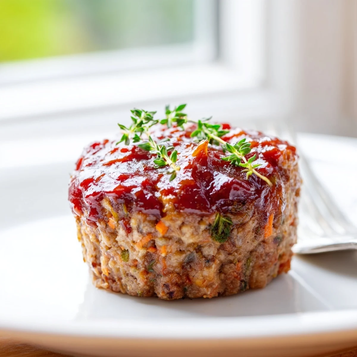 Individual turkey meatloaf muffins plated with fresh parsley, moist interior visible through sliced portion
