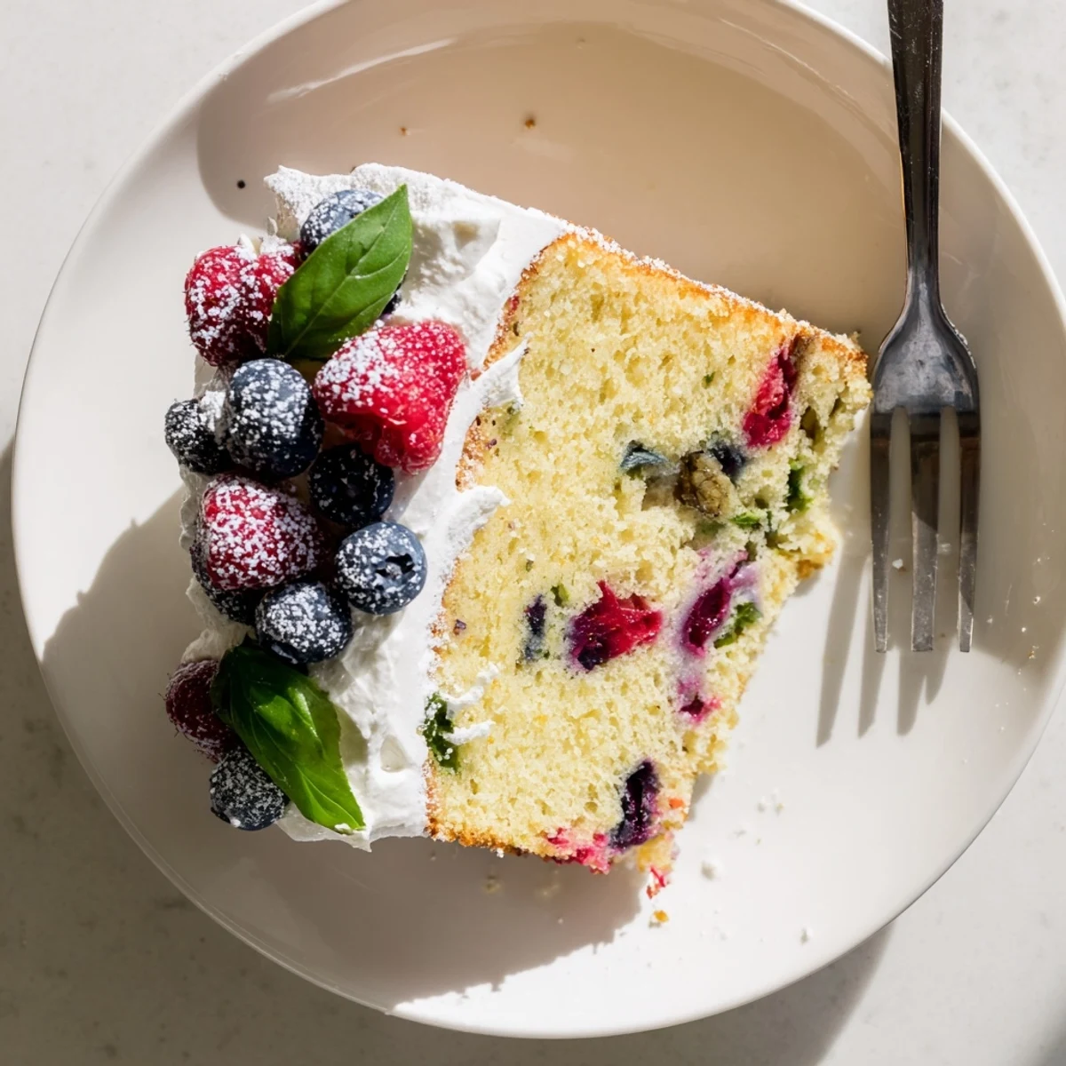 Golden slice of basil berry cake topped with fresh mixed berries and basil sprigs on white plate