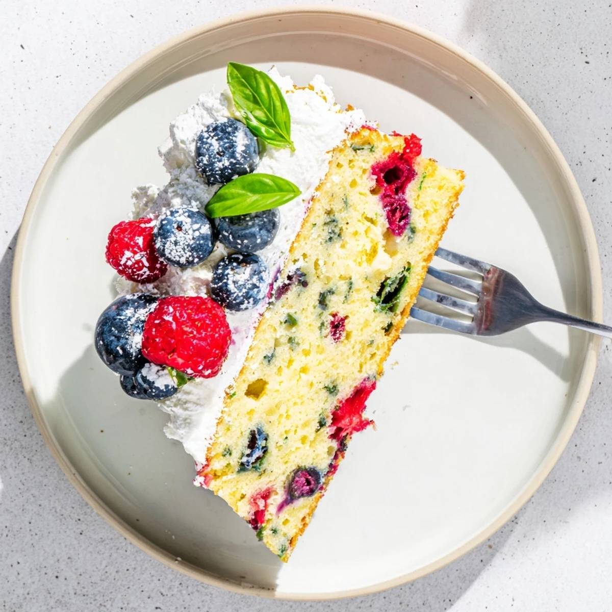 Moist basil berry cake speckled with blueberries and raspberries, dusted with powdered sugar and cream