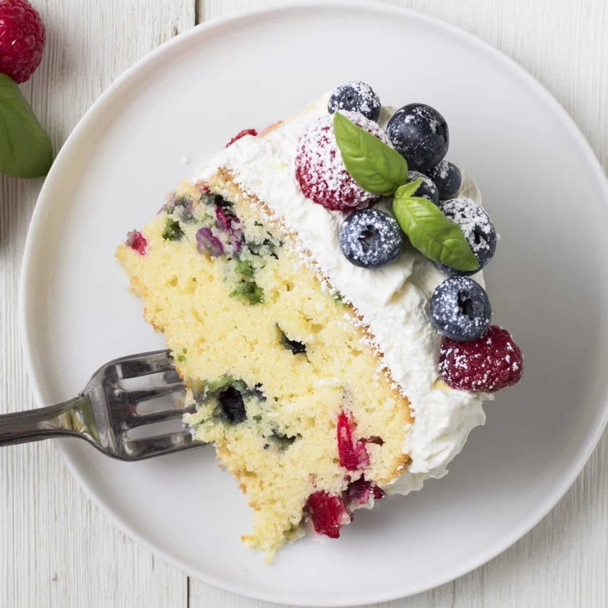 Homemade basil berry cake with vibrant red berries baked into tender crumb, garnished with green basil