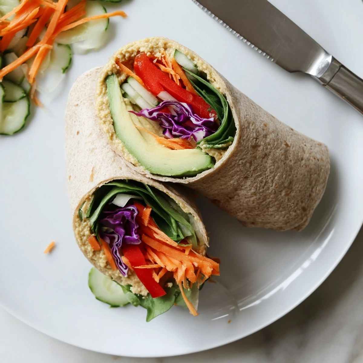 Golden sliced veggie wrap with hummus revealing colorful layers of fresh spinach and crisp vegetables