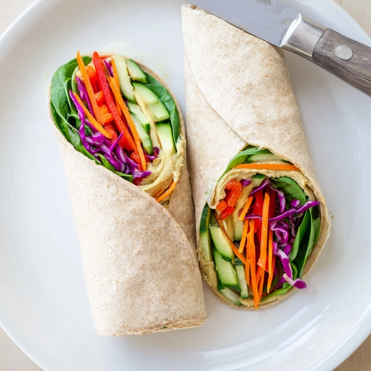 Diagonally cut wrap displaying red pepper cucumber and carrots nestled inside smooth protein-rich hummus spread