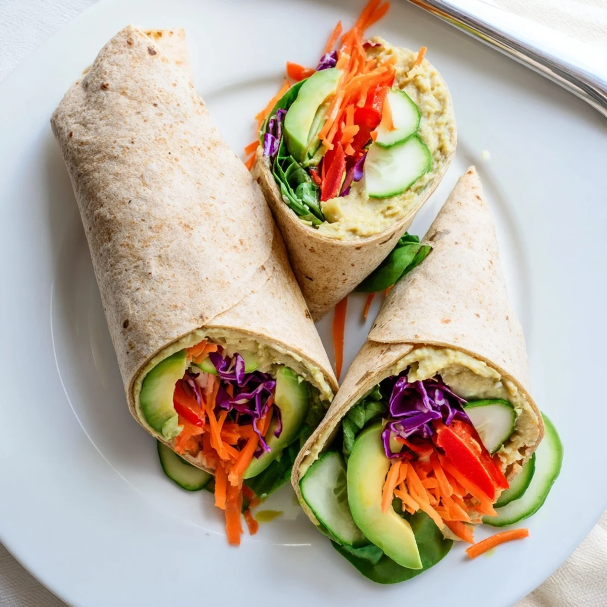 Whole wheat tortilla rolled with creamy hummus and vibrant mediterranean vegetables for a healthy lunch