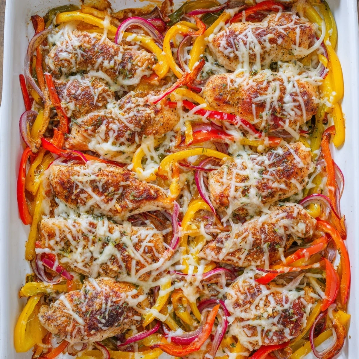 Golden cheesy baked chicken breast and peppers fresh from the oven with melted mozzarella and colorful vegetables
