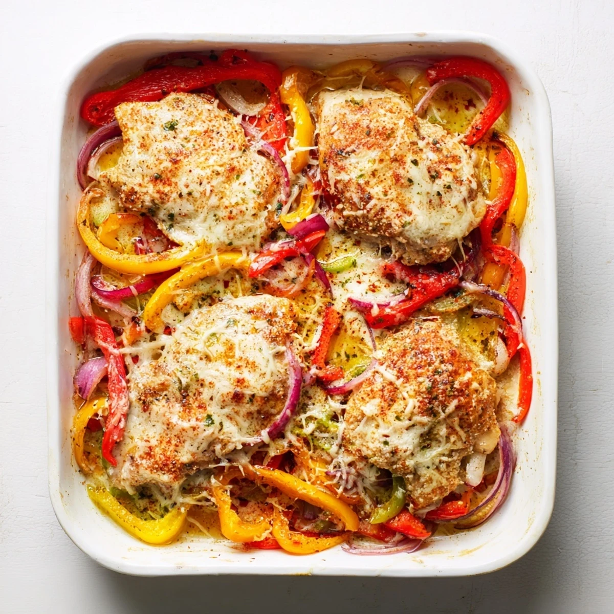 Tender baked chicken breast topped with melted Parmesan cheese nestled alongside roasted red green and yellow bell peppers