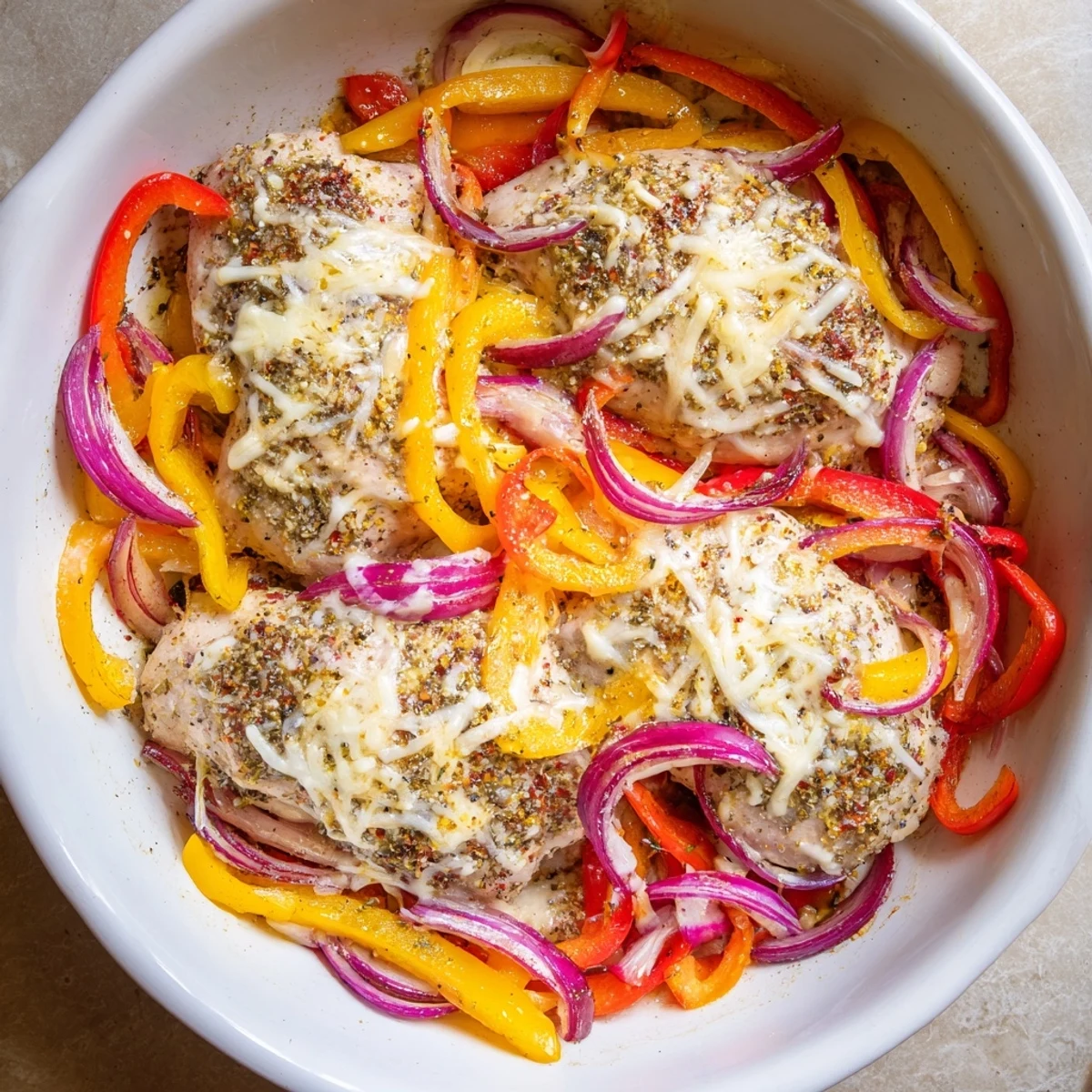 Savory cheesy baked chicken breast and peppers served hot bubbling with a golden crust of melted Italian cheeses
