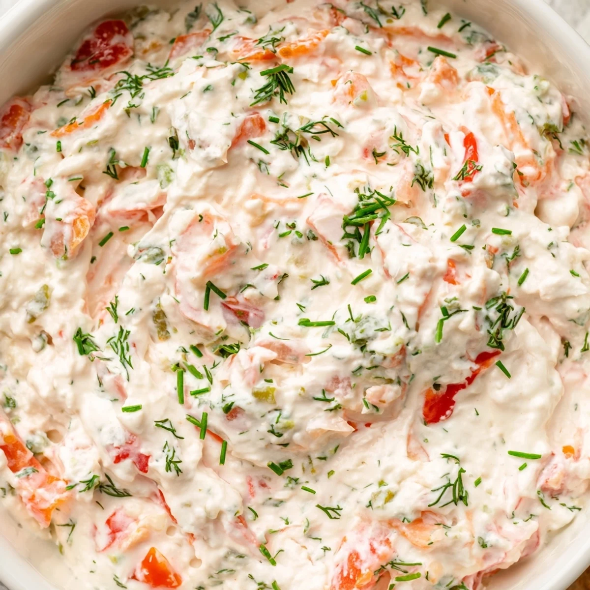 Creamy Grillos pickle de gallo ranch dip served in a white bowl with colorful vegetable sticks and tortilla chips