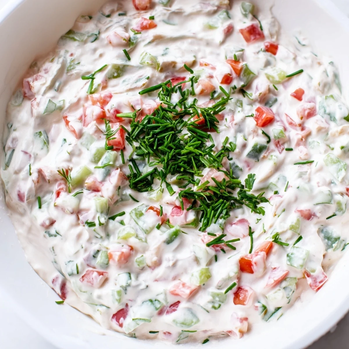 Thick white Grillos pickle de gallo ranch dip topped with fresh herbs and chopped pickles on a rustic wooden board