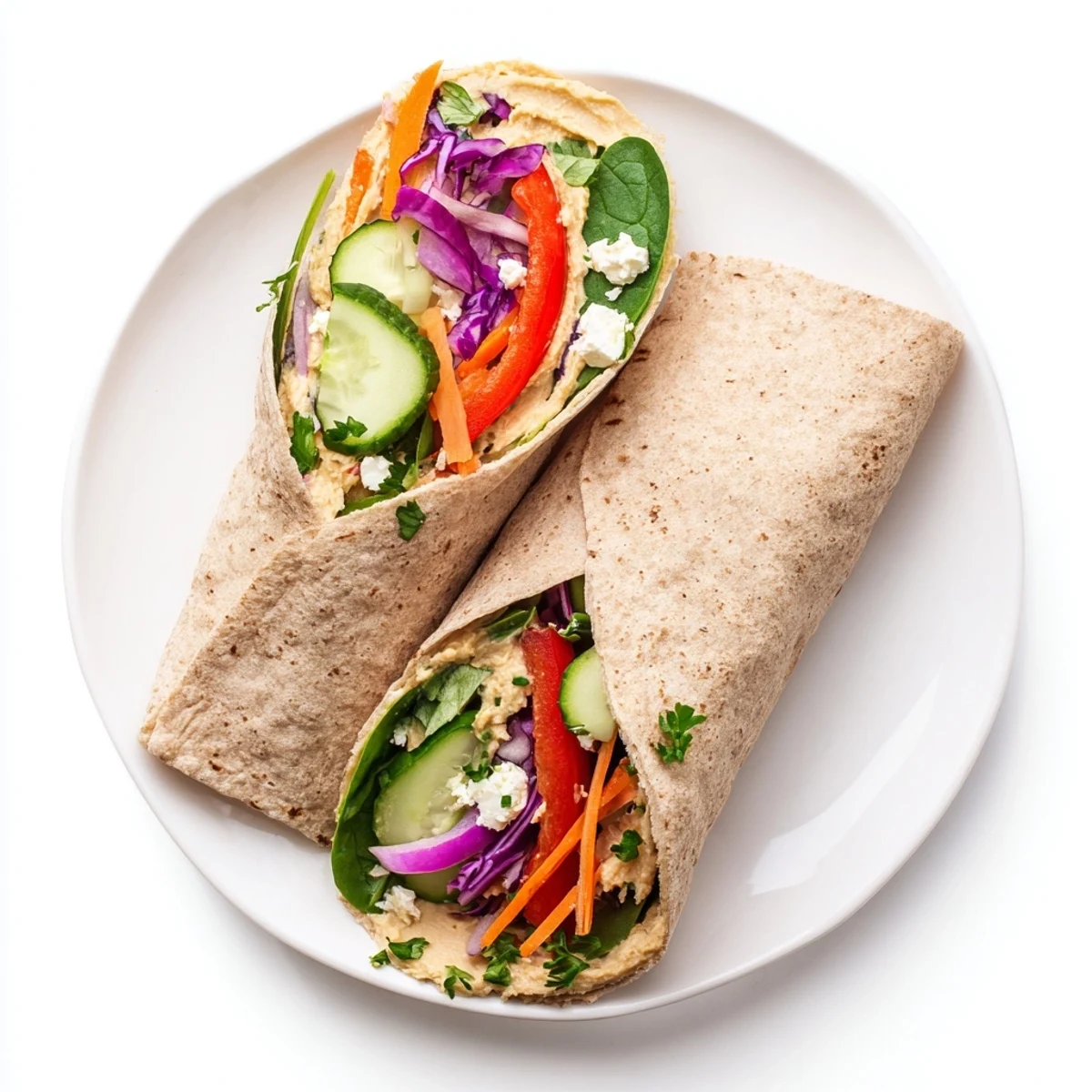 Fresh hummus veggie wrap with colorful bell peppers, cucumber, and spinach rolled in whole wheat tortilla