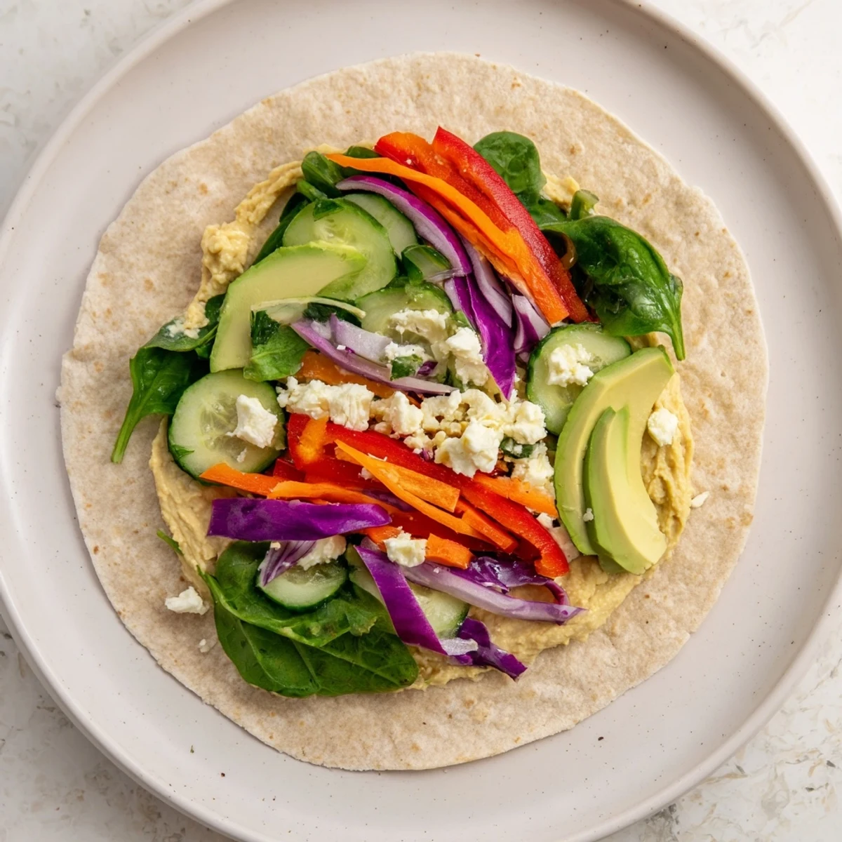 Mediterranean hummus veggie wrap sliced diagonally revealing crisp vegetables and creamy spread inside