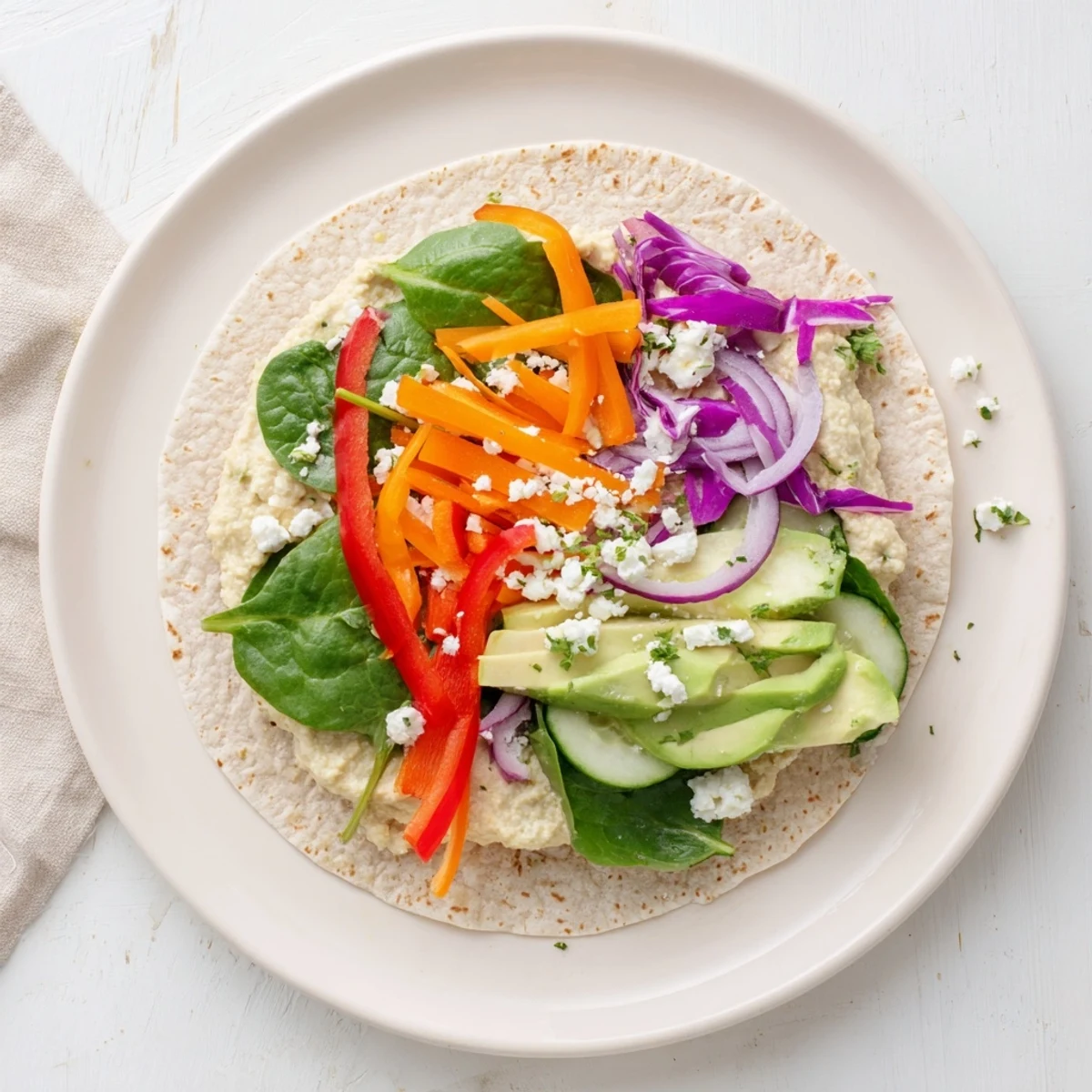 Healthy hummus veggie wrap lunch packed with shredded carrots, purple cabbage, and avocado slices