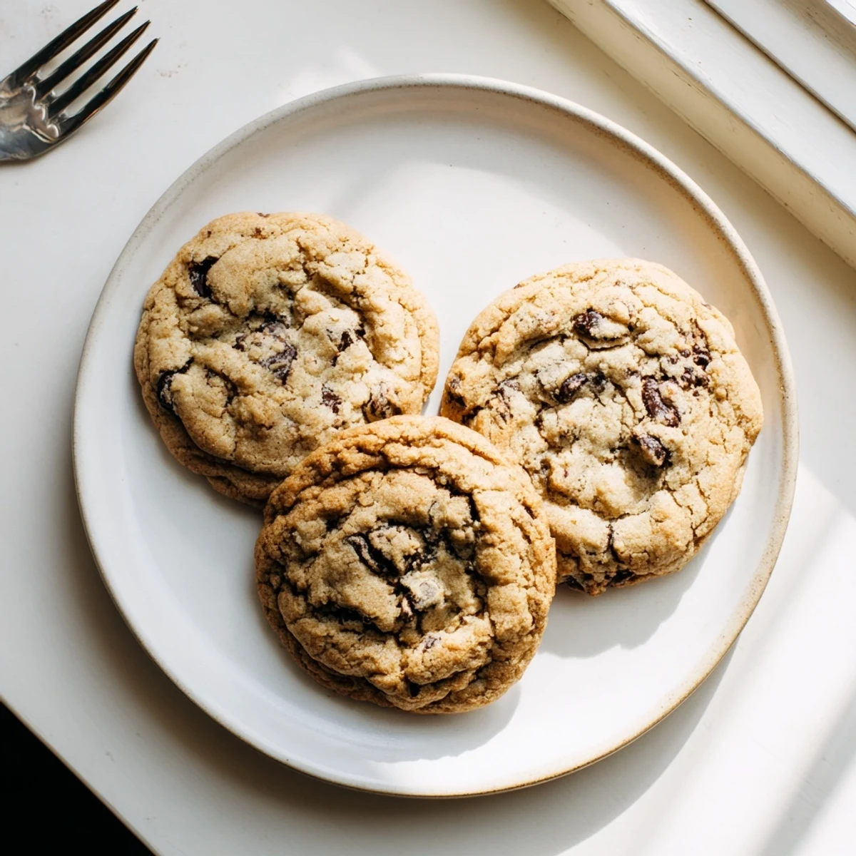 Thick soft chewy chocolate chip cookies piled high on a wooden cutting board with a glass of milk