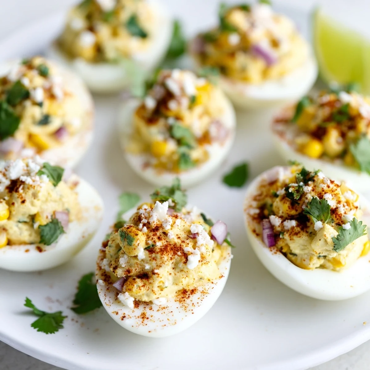 Creamy Mexican street corn deviled eggs topped with crumbly cotija cheese and fresh cilantro