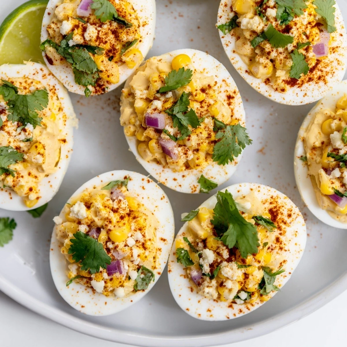 Fusion appetizer featuring golden corn-filled deviled eggs garnished with zesty lime and Tajín seasoning