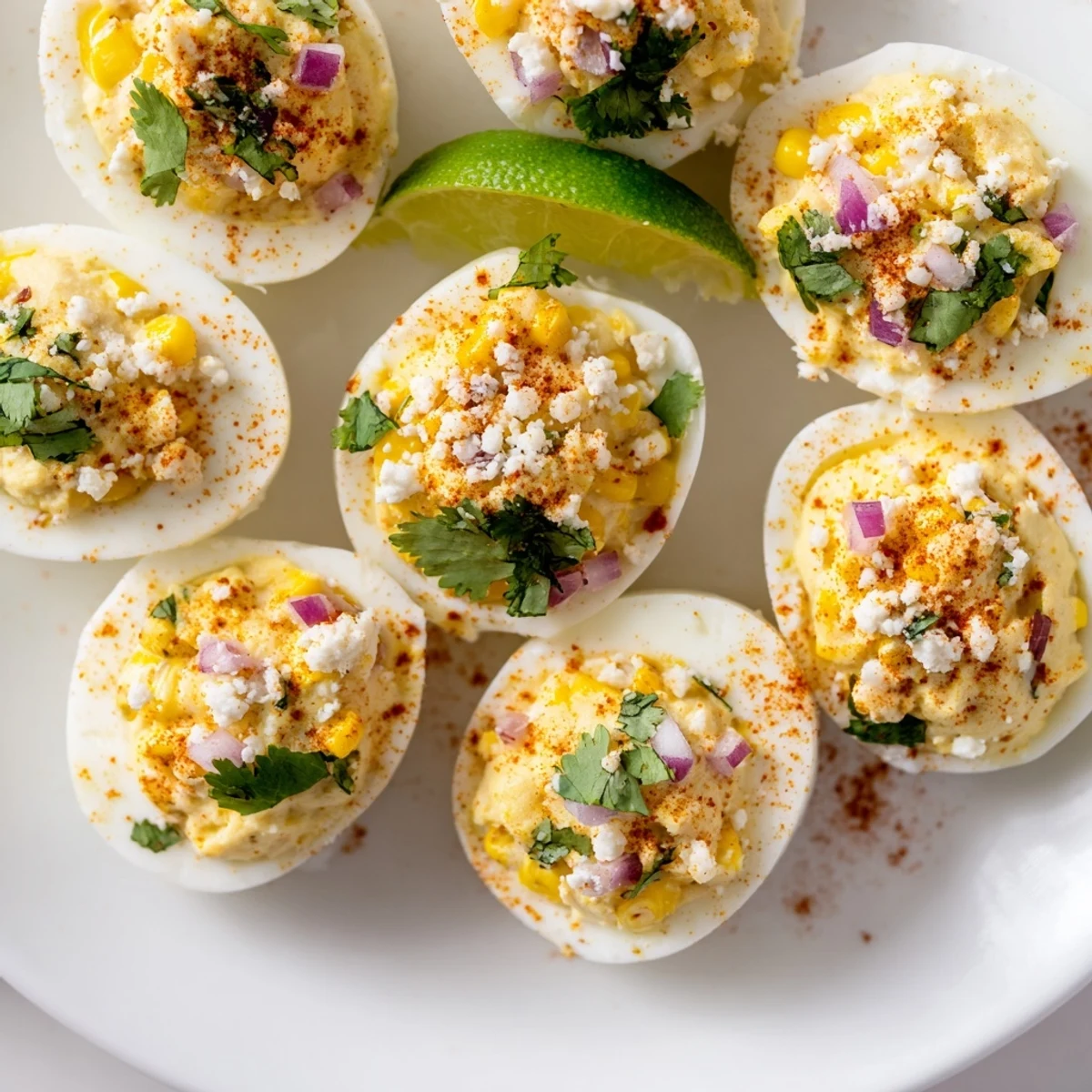 Party-ready Mexican street corn deviled eggs arranged on a platter with vibrant chili powder dusting