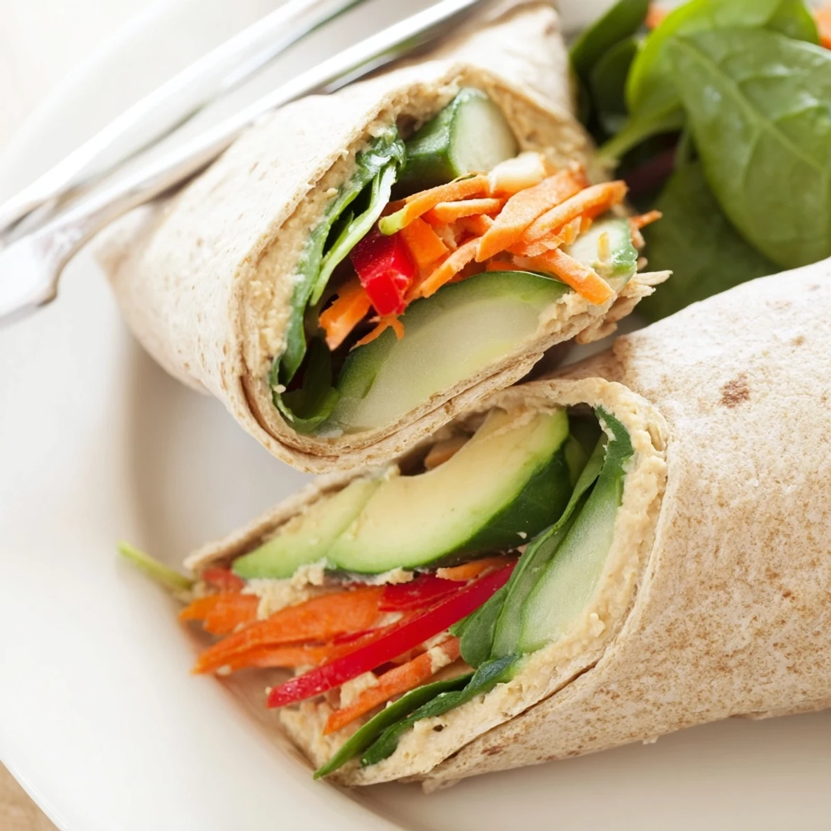 Golden whole wheat tortilla wrapped around creamy hummus with fresh spinach and crisp colorful vegetables