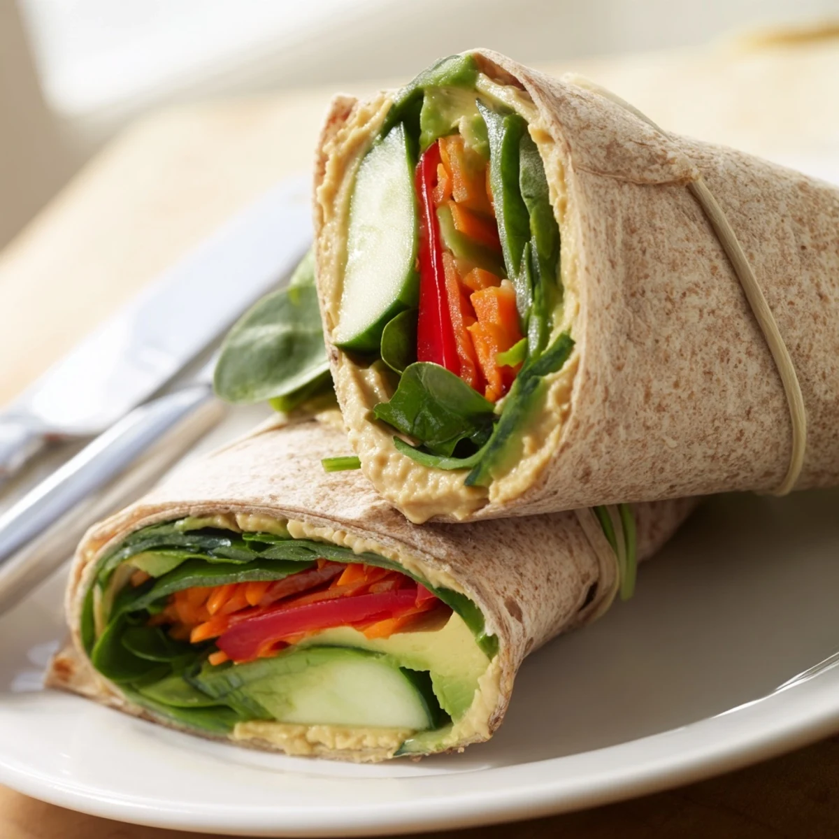 Healthy vegetarian spinach hummus lunch wraps featuring julienned carrots fresh spinach and crumbled feta cheese
