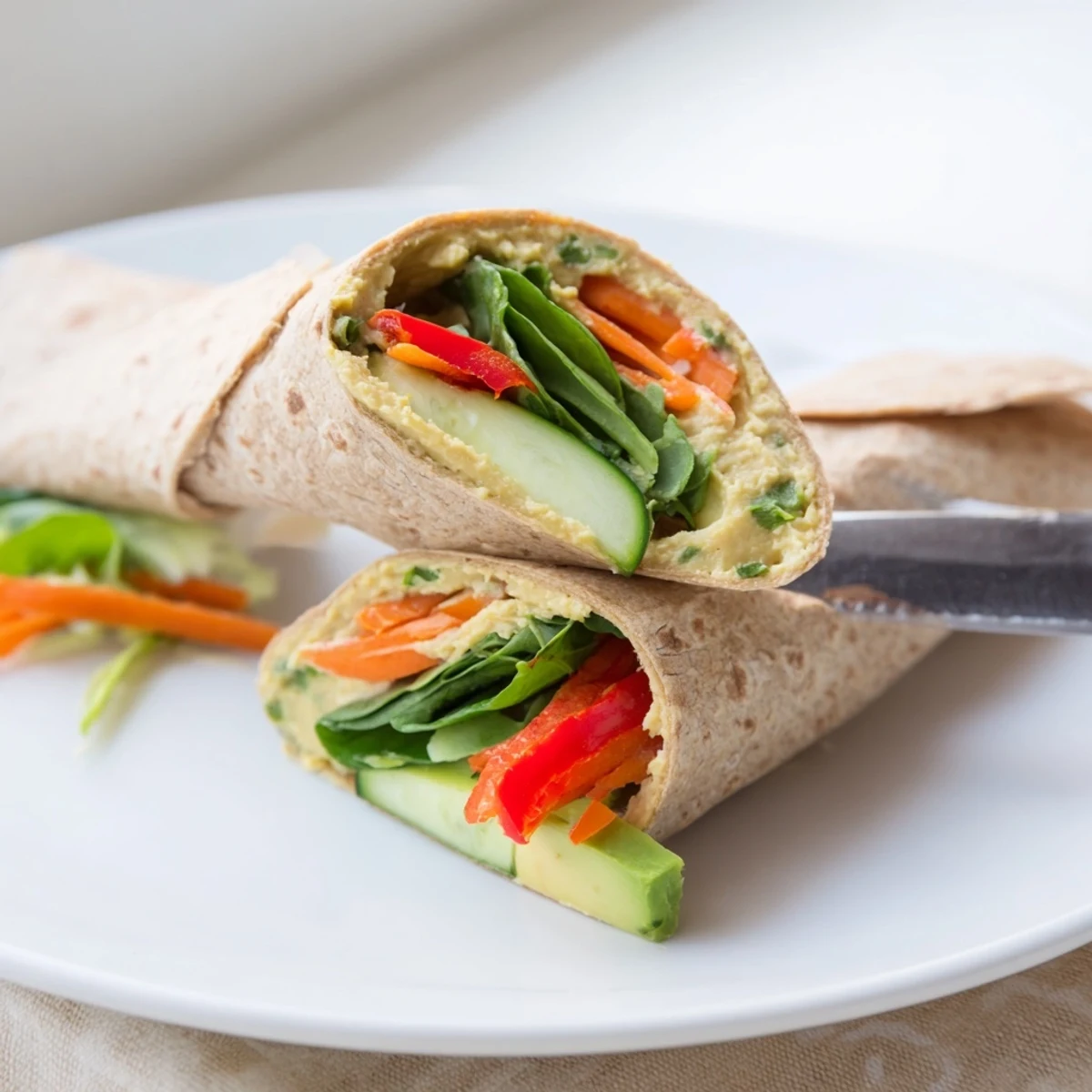 Mediterranean spinach hummus lunch wraps sliced diagonally showing layers of avocado cucumber bell peppers
