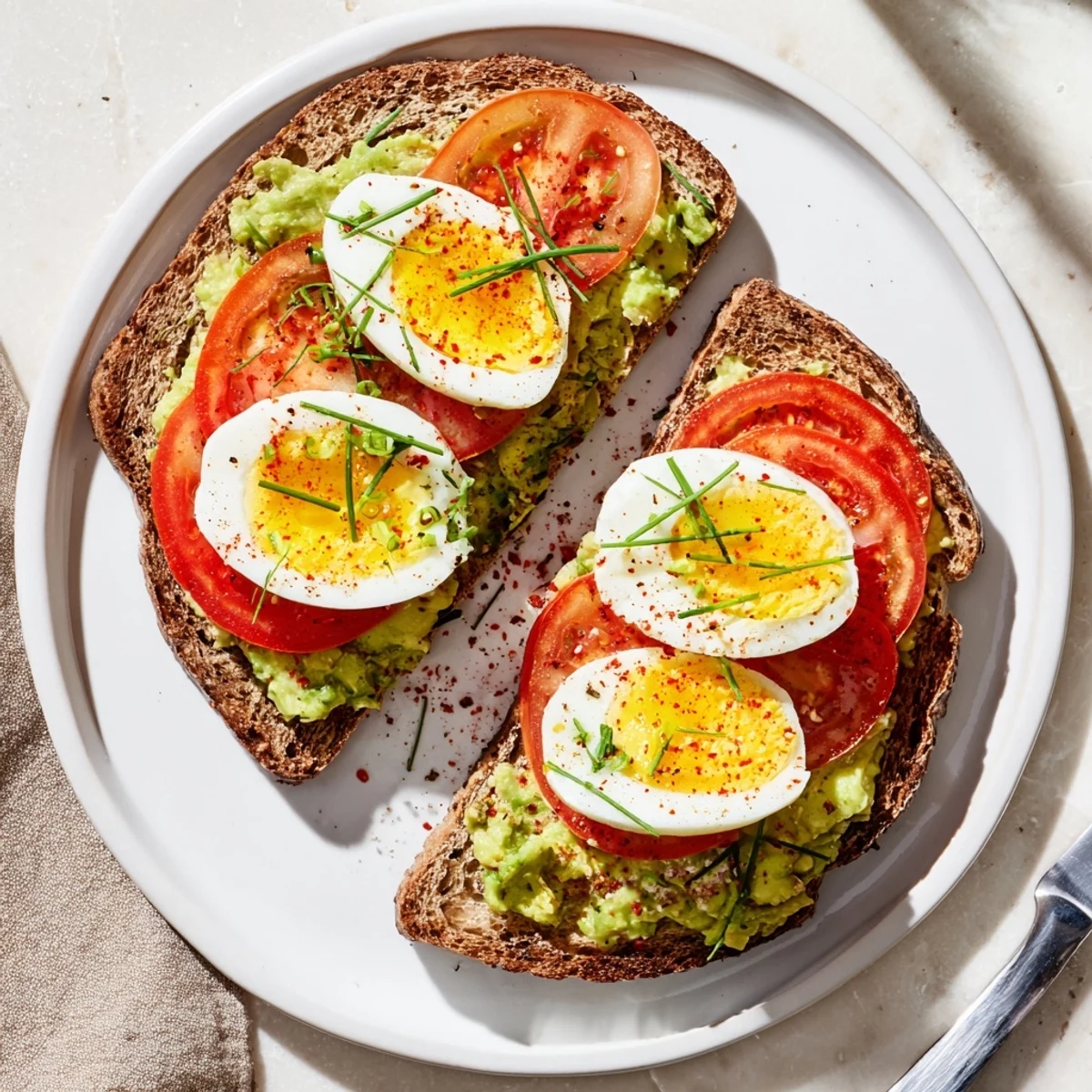 Creamy avocado spread on crisp toast layered with sliced tomato and hard boiled egg recipe
