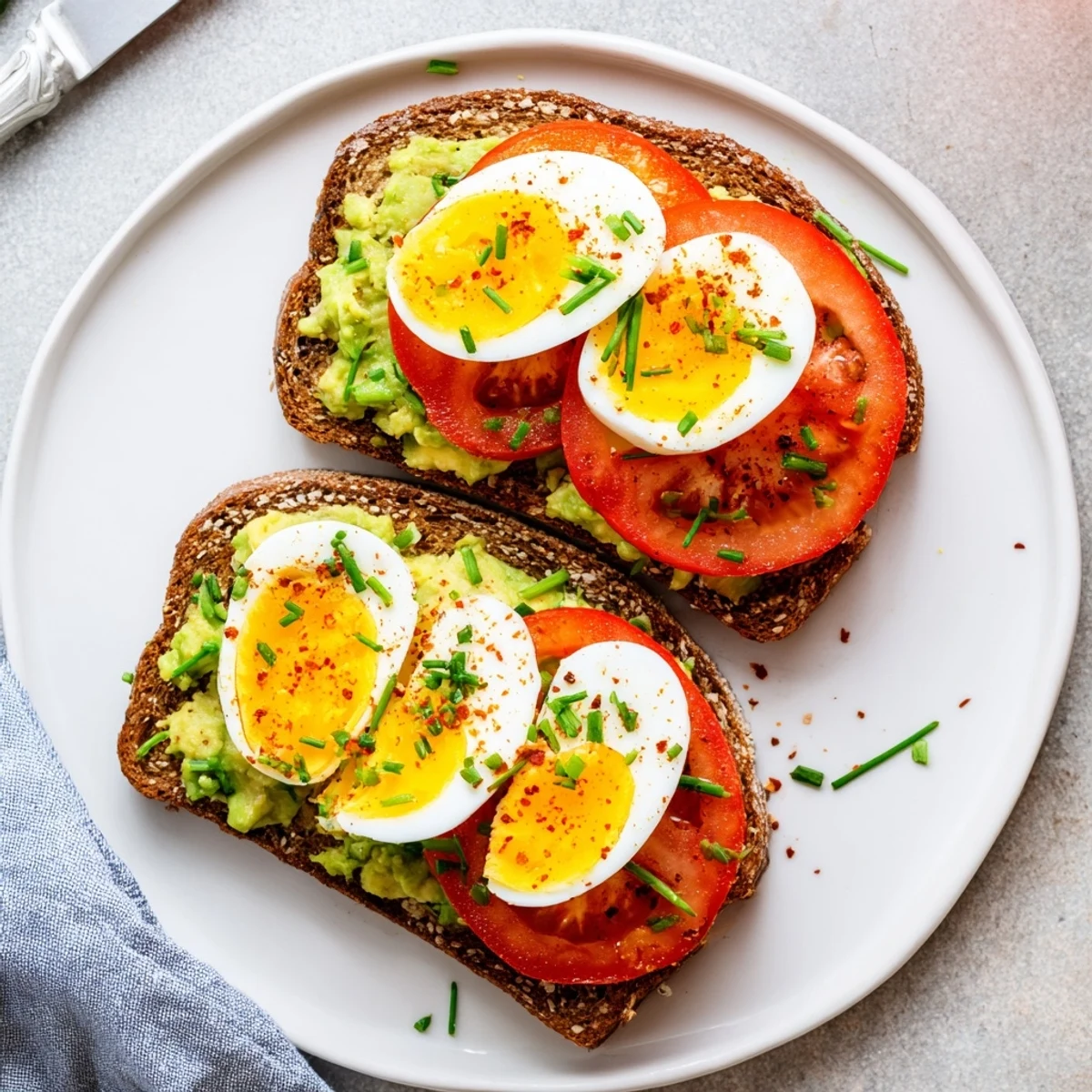 Golden avocado toast with tomato and hard boiled egg recipe topped with fresh chives