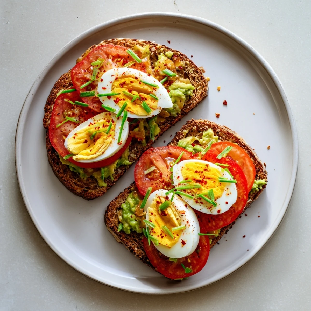 Protein-rich avocado toast with tomato and hard boiled egg recipe garnished with red pepper flakes