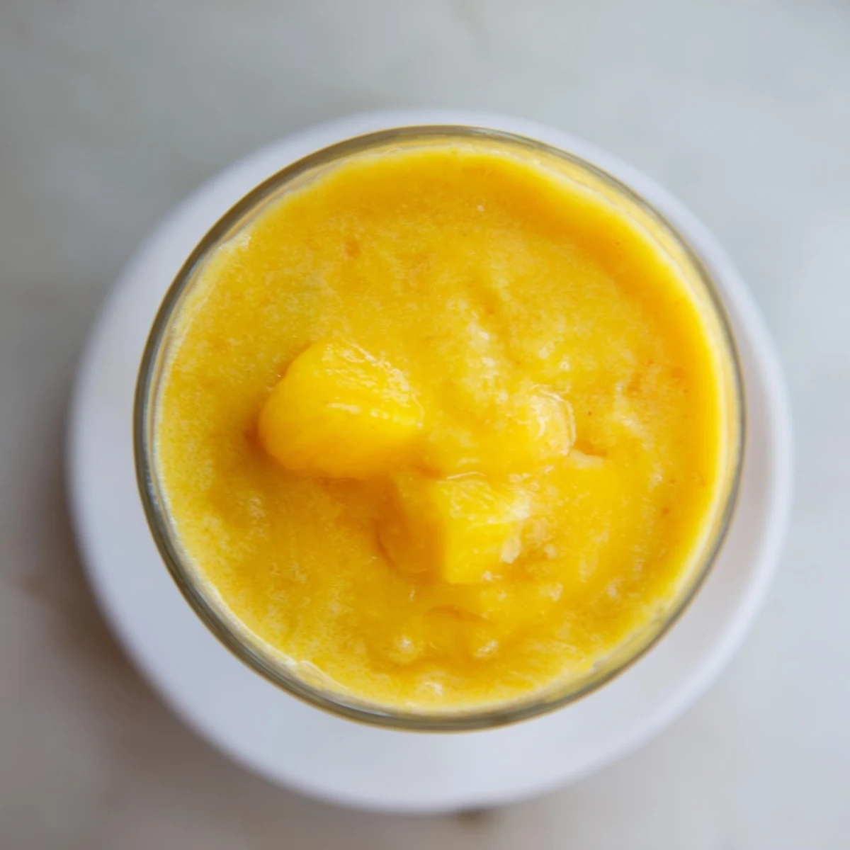 Thick frothy Tropical Pineapple Mango Smoothie with pineapple wedge and mango chunk on rim