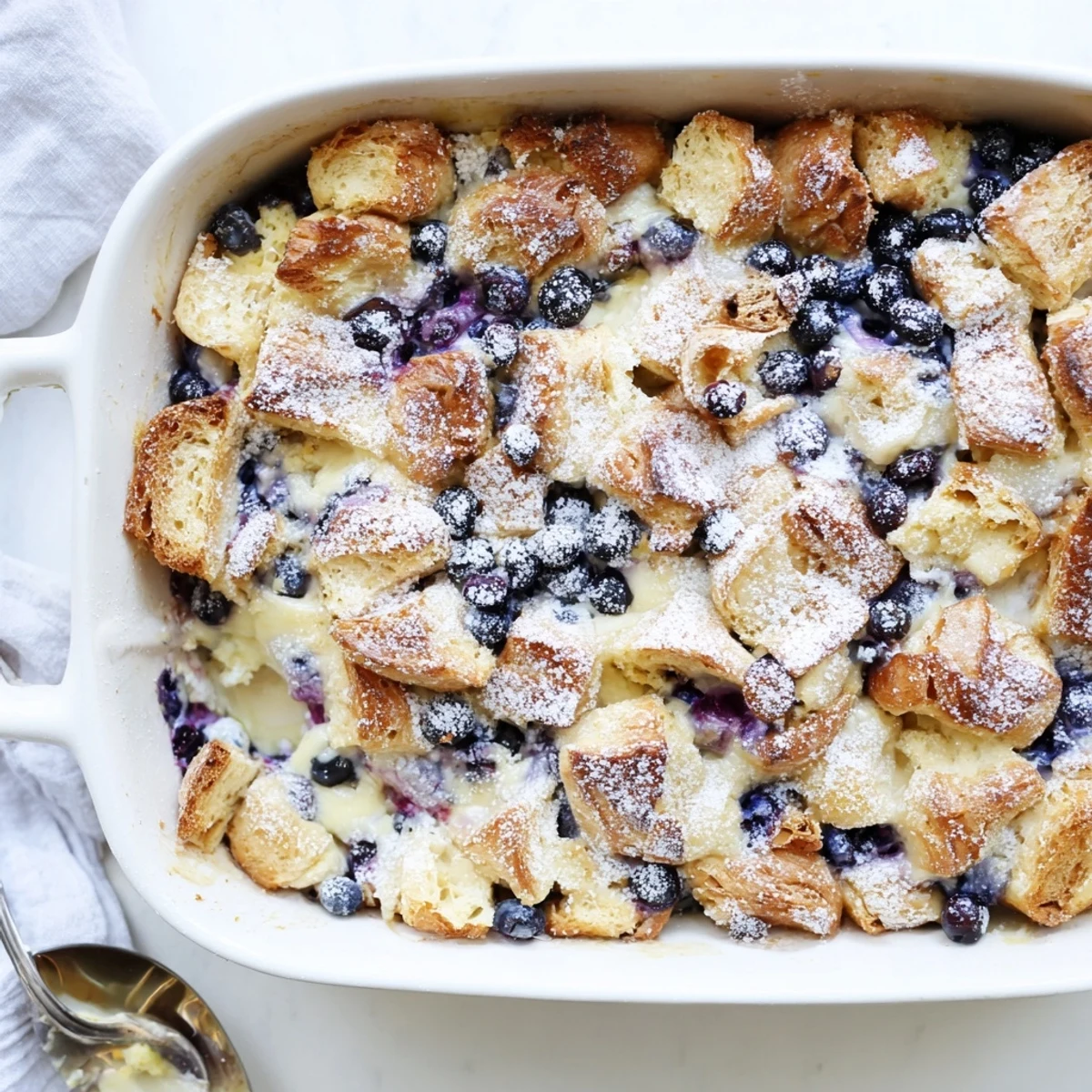 Golden blueberry cream cheese croissant casserole baked to golden perfection with juicy berries